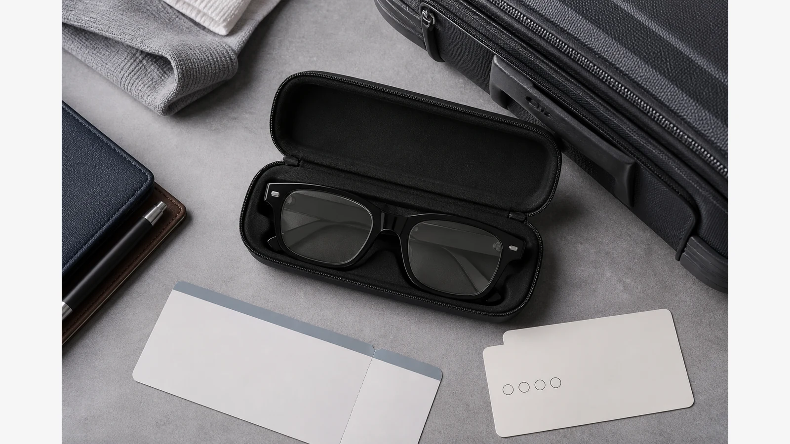 Smart glasses packed in a protective case for a flight from a UK airport