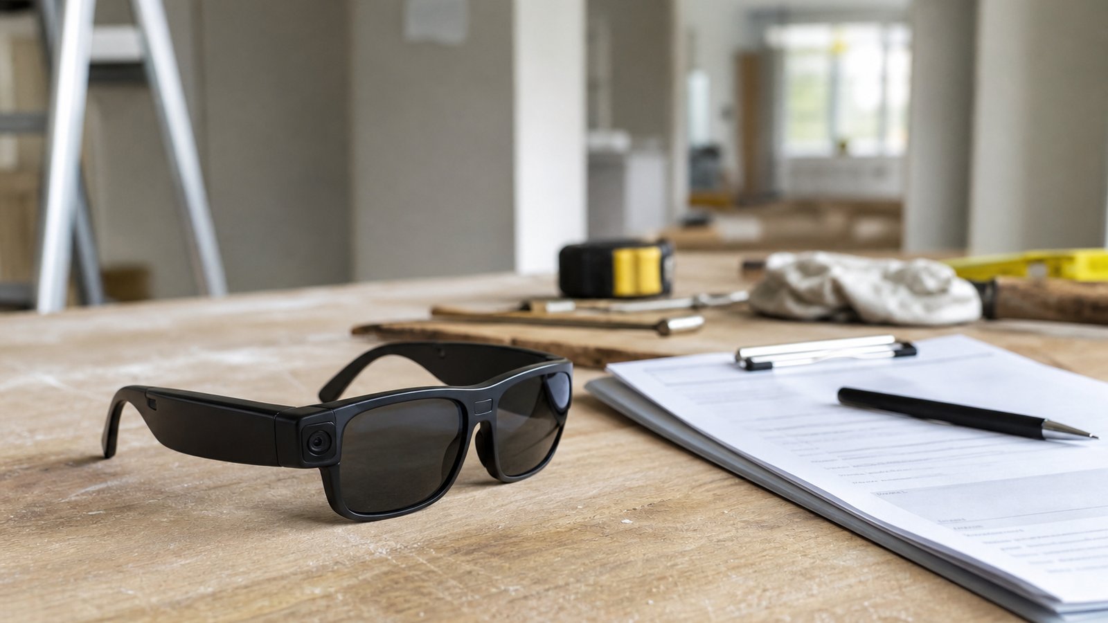 AI smart glasses on a trades workbench beside a consent clipboard