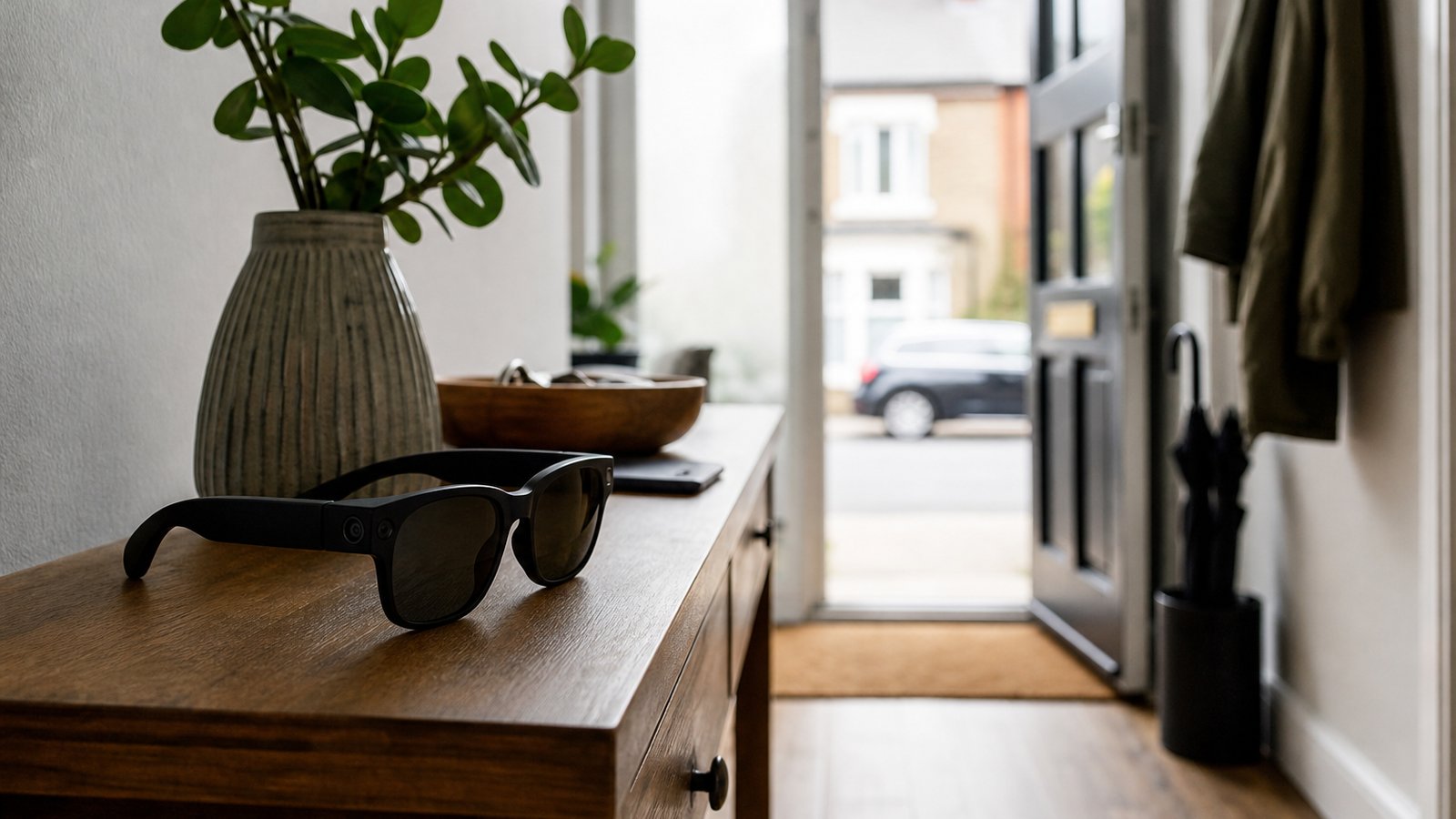 AI smart glasses on a hallway table in a British home