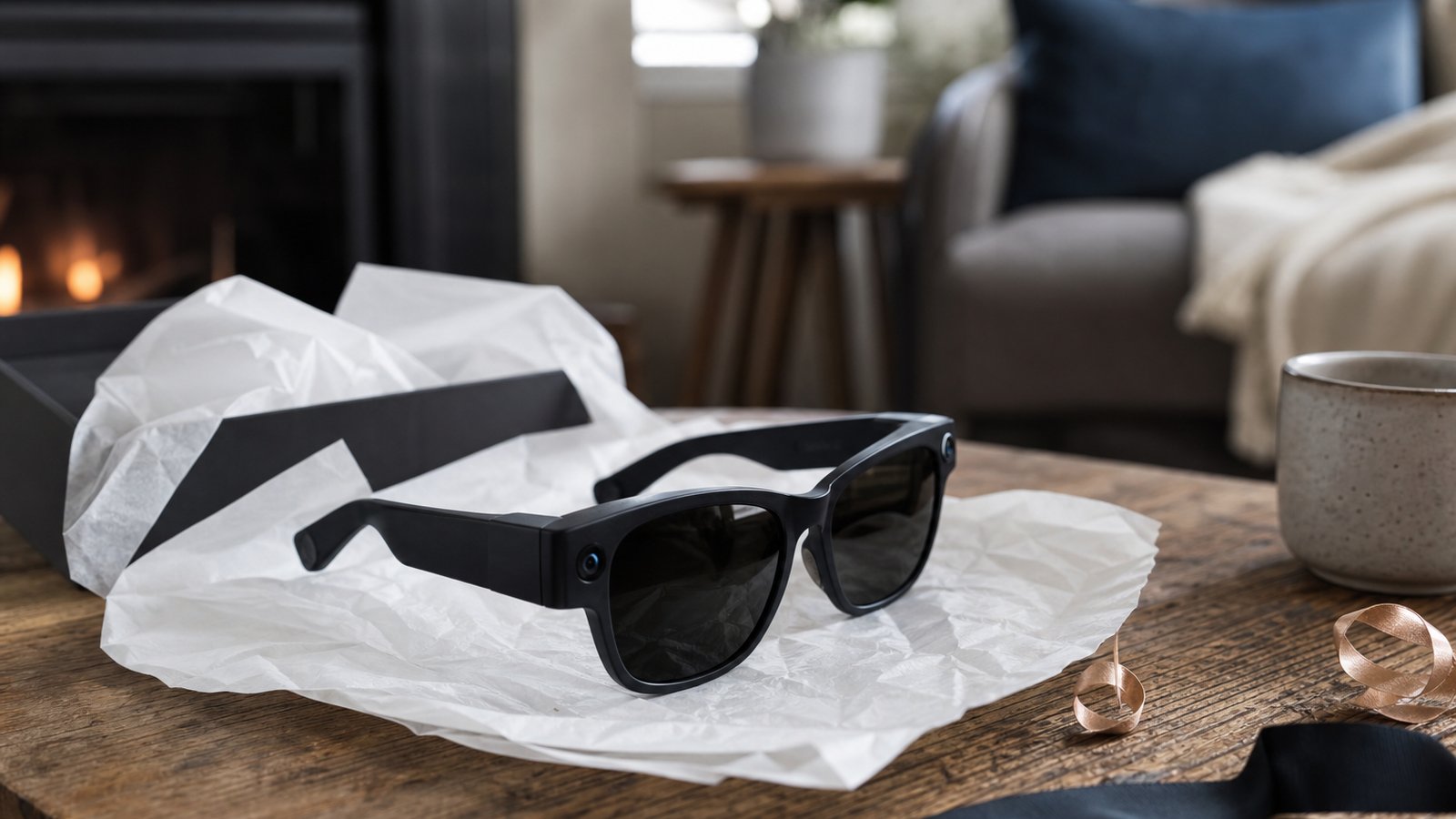 Gift-ready AI smart glasses on tissue paper on a coffee table