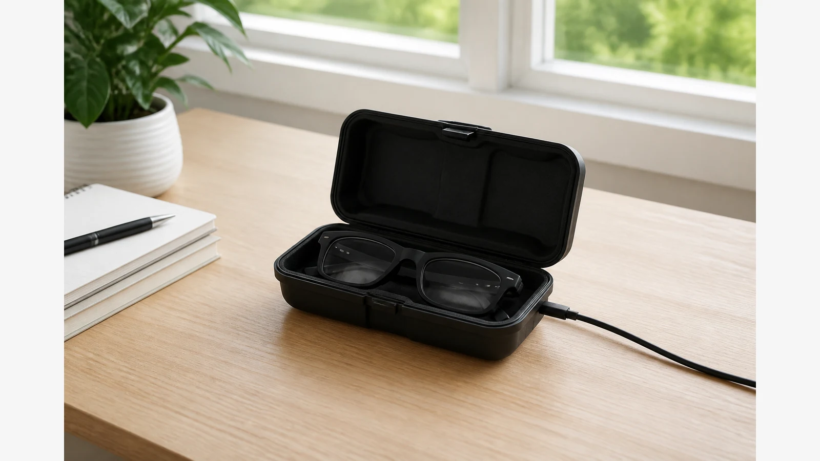 Smart glasses charging on a clear hard surface during the day