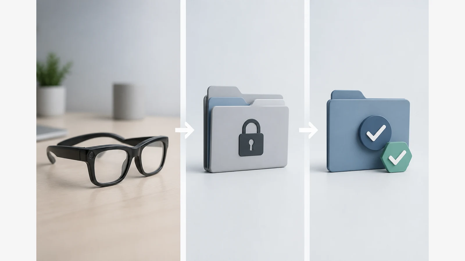 Camera glasses footage moving through organised secure folders and a verified backup